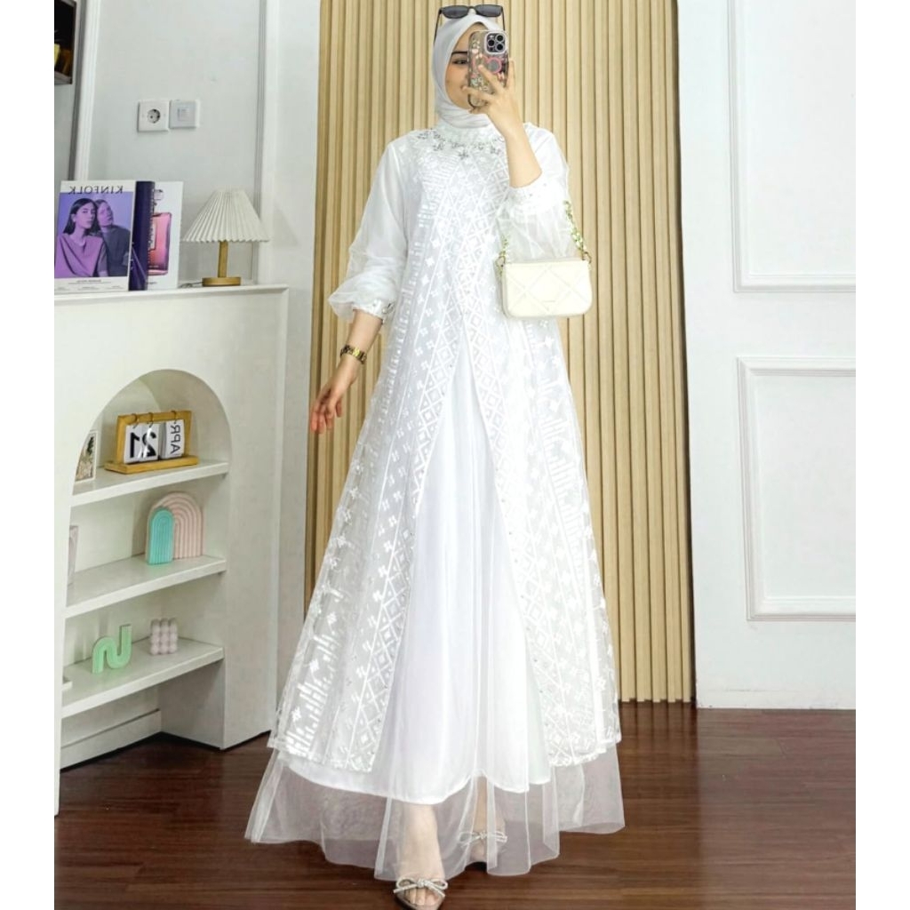 Gamis Dewasa Putih Brukat Tile Payet Mutiara Mewah Terbaru Fashion Muslim Perempuan