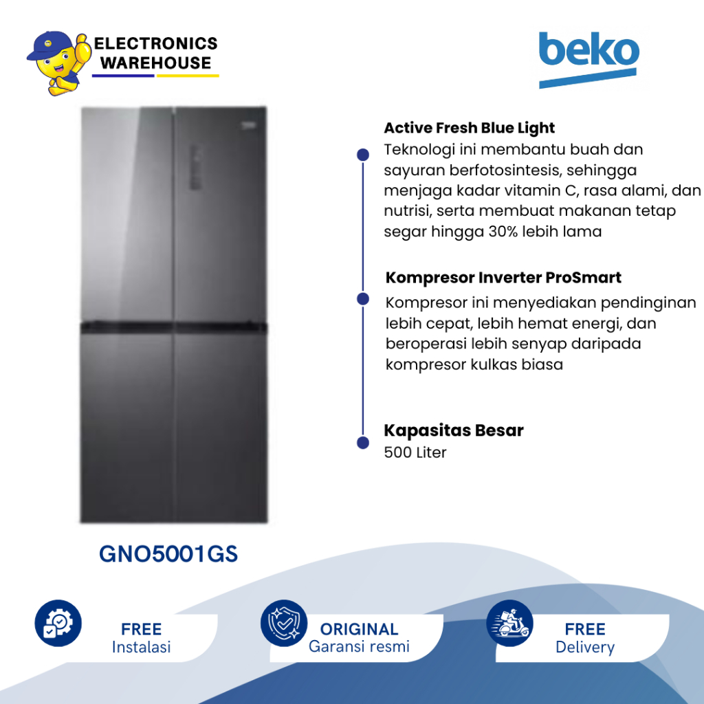 BEKO KULKAS 4 PINTU SIDE BY SIDE 500 LITER GNO5001GS (JABODETABEK ONLY)