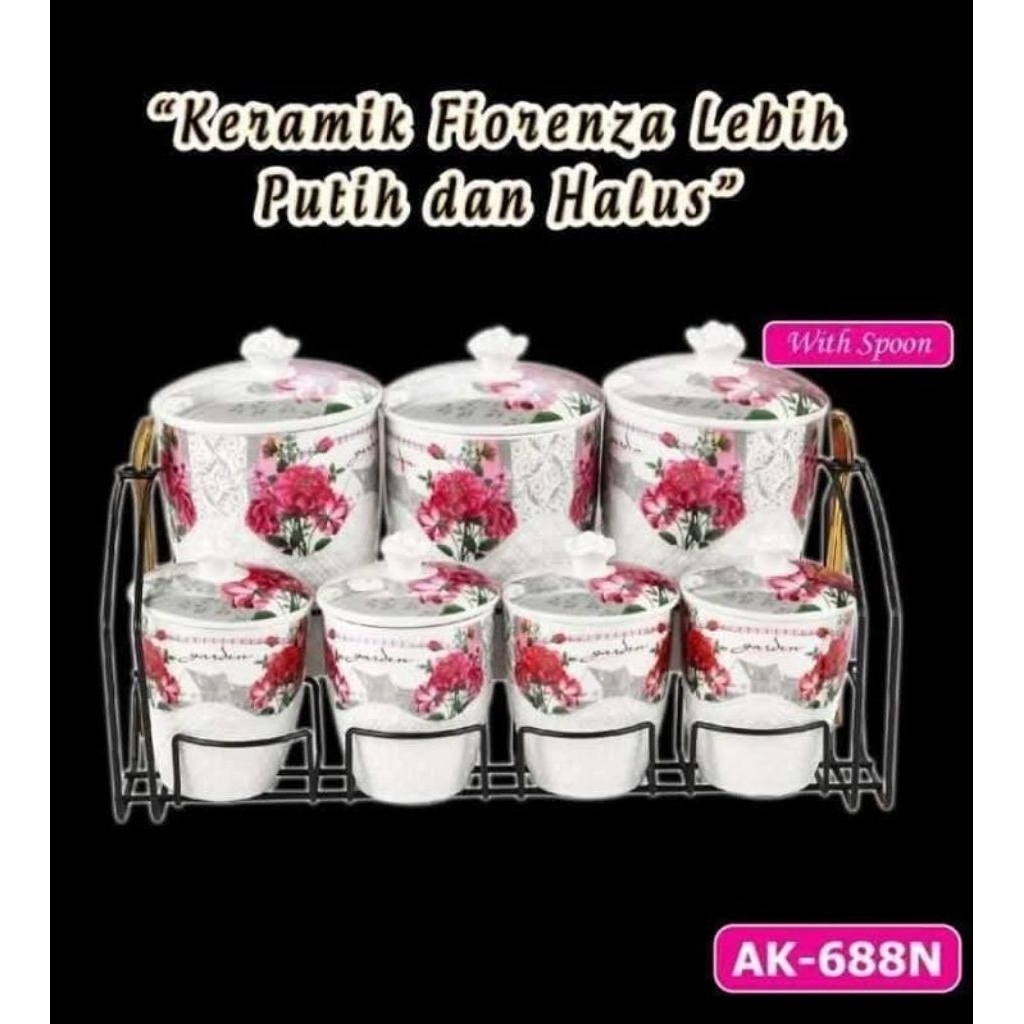 Tempat Bumbu Set Keramik Fiorenza Motif Bunga | 7 set elegant jar with spoon + rack AK 688N Kode Pro