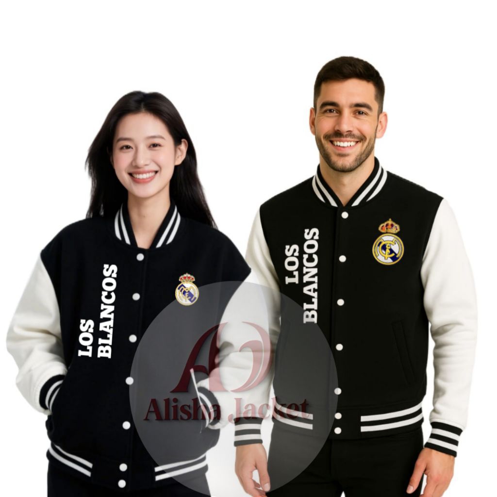 Jaket varsity hitam putih kancing baseball biru kancing sablon klub eropa terbaru m4drid