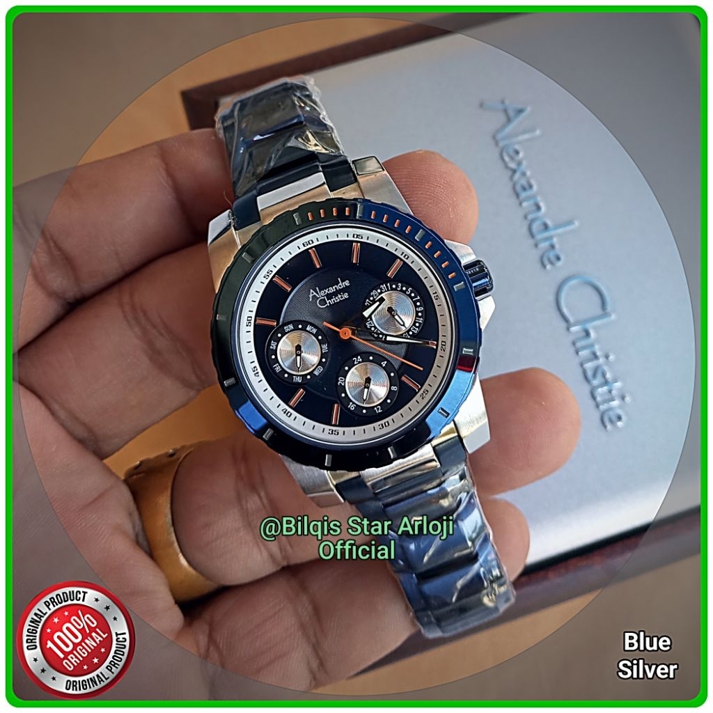 Alexandre Christie Wanita Ac 6141 BF Case Silver Tali Rantai Biru Original