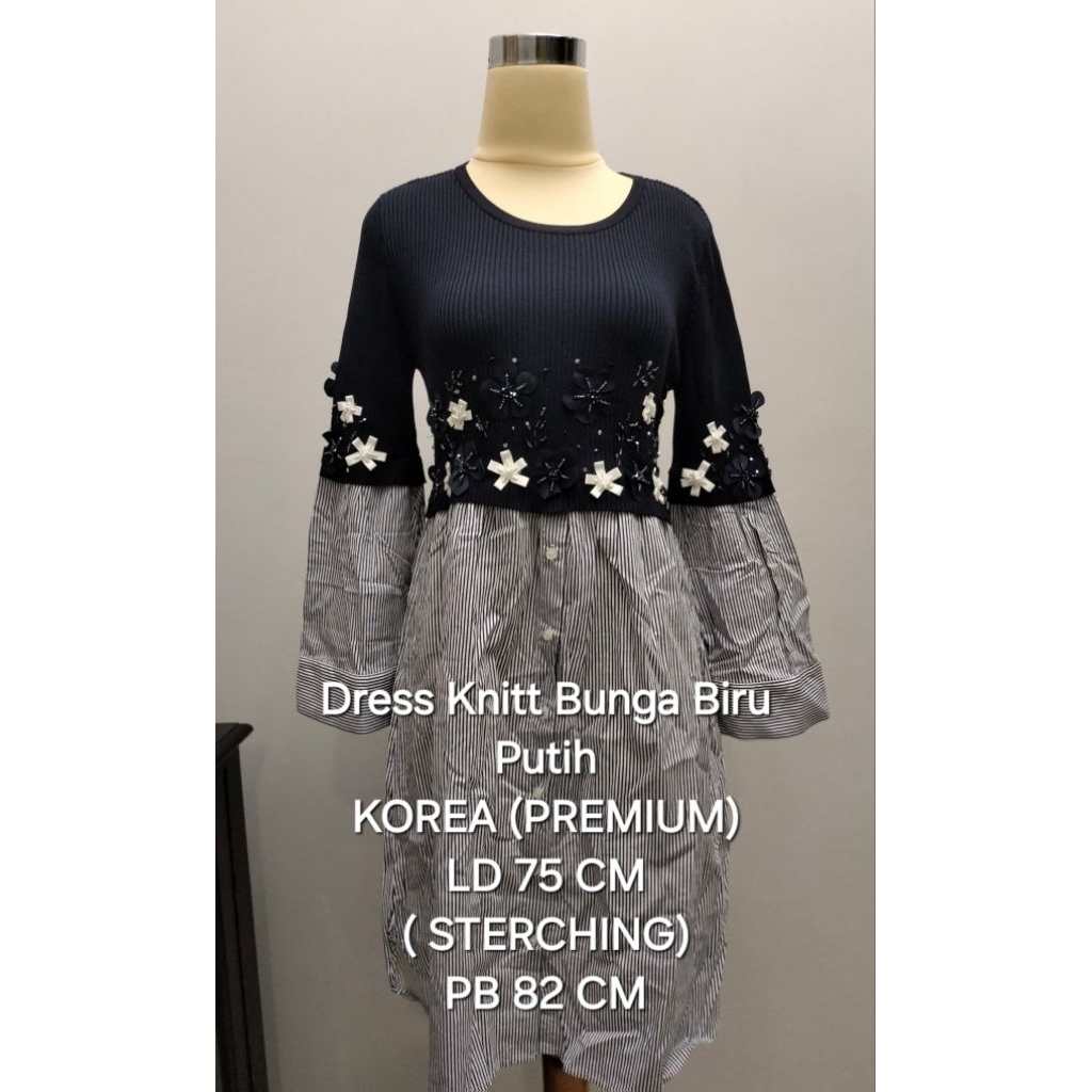 Dress Knit Bunga Biru Putih KOREA (PREMIUM)