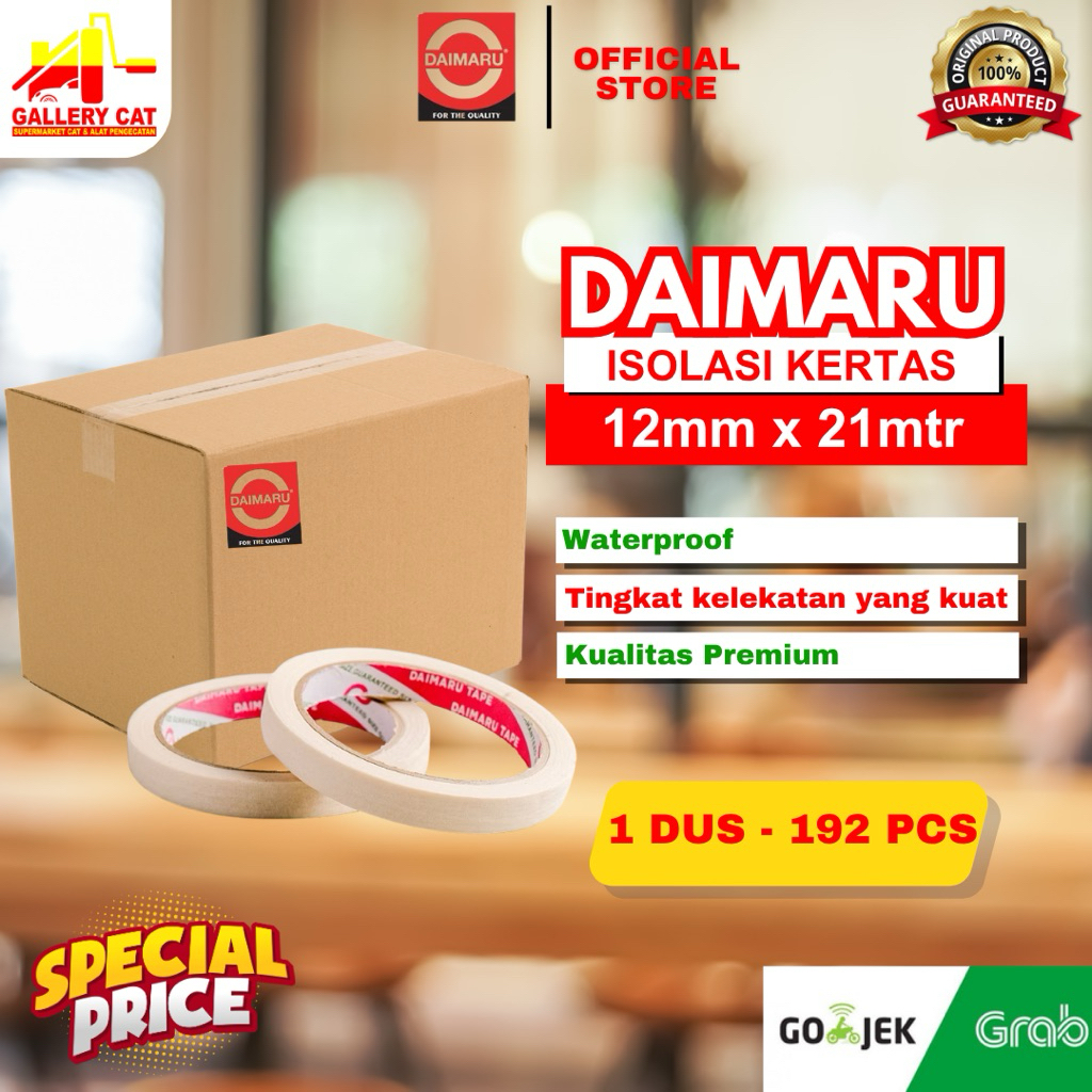 

Isolasi Daimaru Masking Tape Lakban Kertas 0,5 Inch 12mm x 21m 1 Dus isi 192pcs