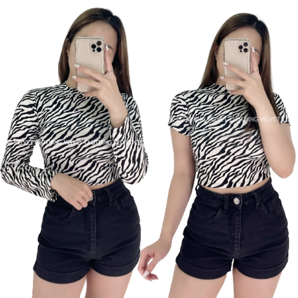 GF18 - Atasan Kaos T-shirt Rajut Ribb Crop Top Baju Lengan Panjang Motif Pattern Blaster Salur Korea