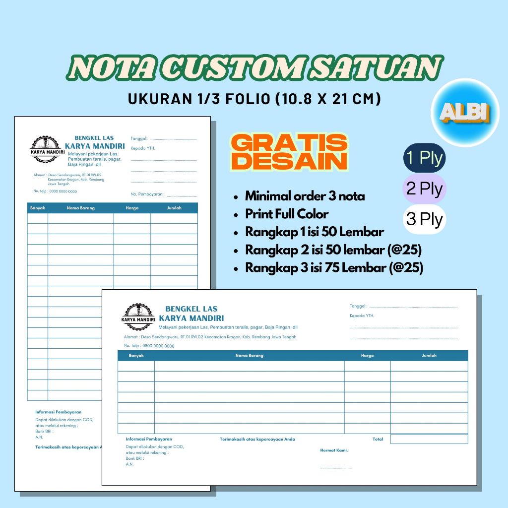 

Nota custom 1/3 folio 1ply 2ply 3ply free desain nama toko sendiri