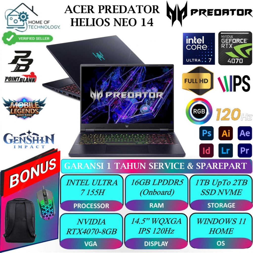 Acer Predator Helios Neo 14 PHN14-51 INTEL ULTRA 7 155H 16GB DDR5 2TB RTX4070 14 WQXGA IPS 120HZ RGB