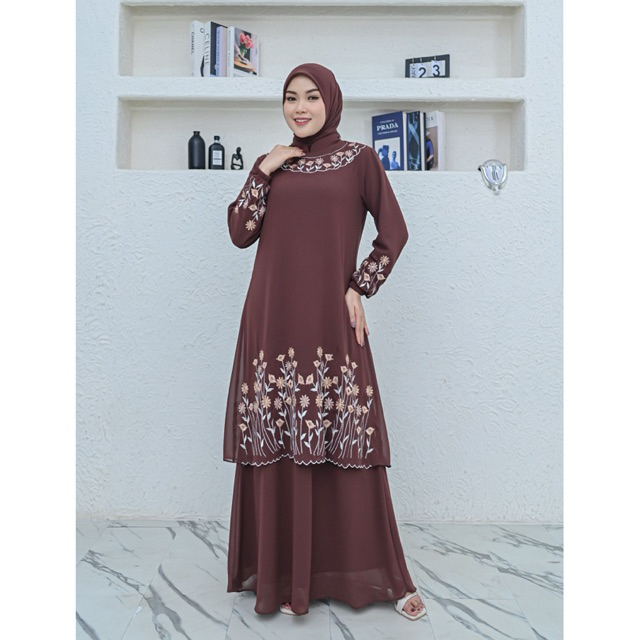 Gamis Melayu Set Hijab Motif Bordir Bunga Terbaru/ Ukuran Jumbo 5L / Gamis Seragaman Malaysia || By 