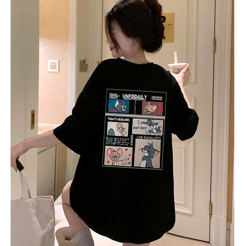 YlKOO - Korea Kaos Pendek Ukuran Plus Warna Krim Tom dan Jerry Atasan Wanita