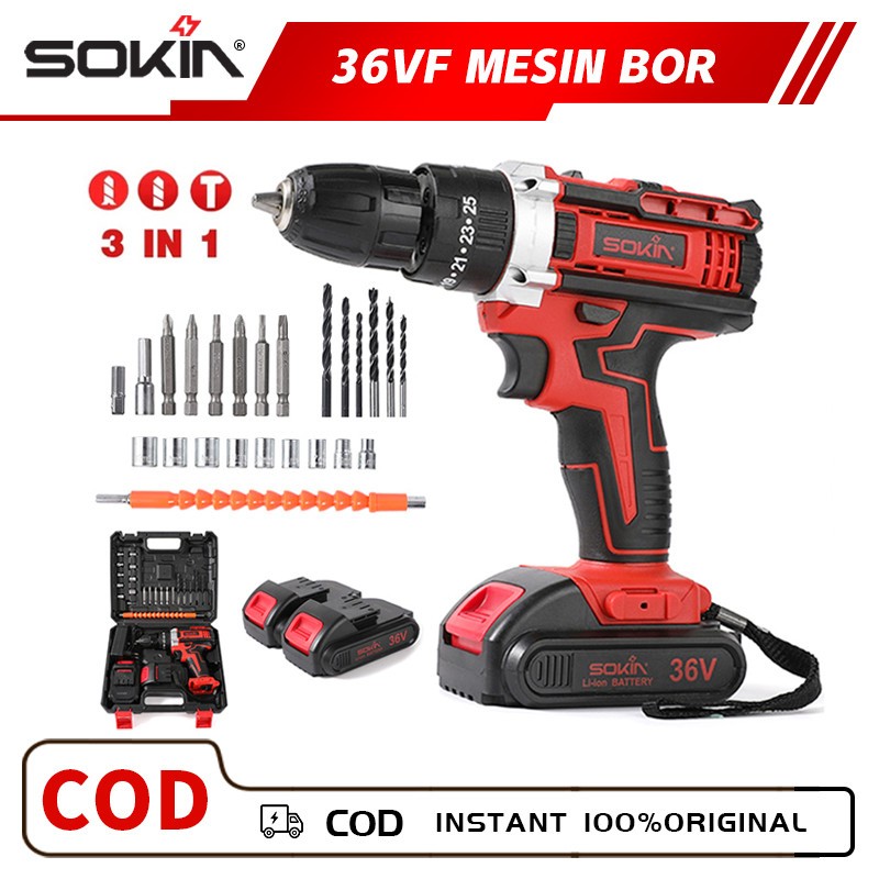 JLD 36Vf Mesin Bor Baterai Bor Cas jld 2 Batre Case 25+3 Bor Cordless Impact Drill Bor Tangan Bor Ba