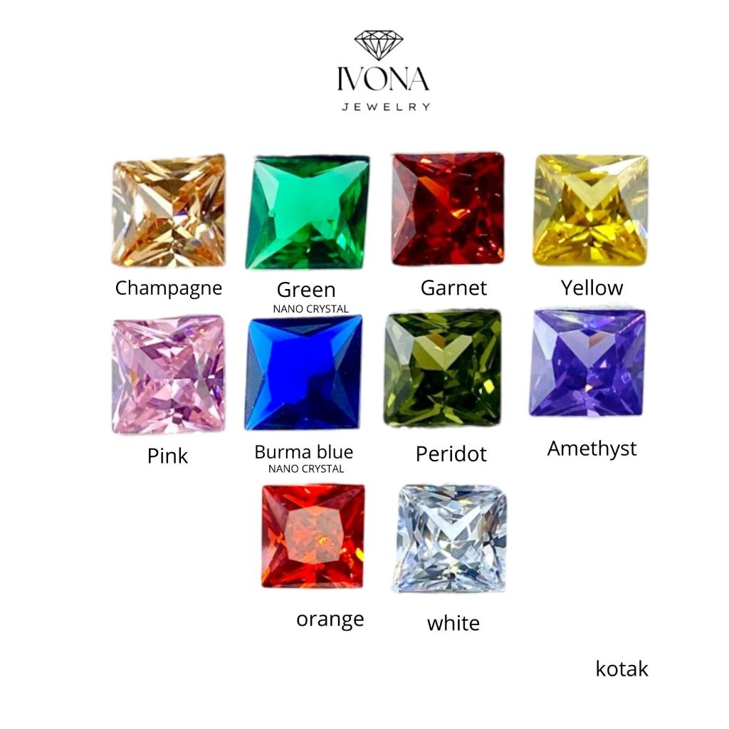Permata Batu Zircon Kotak zirconia Warna 5X5mm-8x8mm 25-50BUTIR Grade 3A Import Quality IVONA ZC05