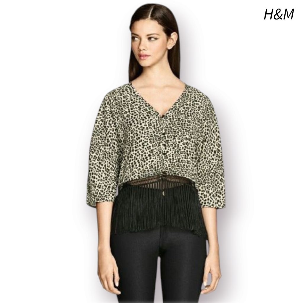 DIVIDED By H&M • Leopard Fringe Top Brown Blouse Atasan Blus Leo Rumbai Size 36 100 x 44 Polyester P