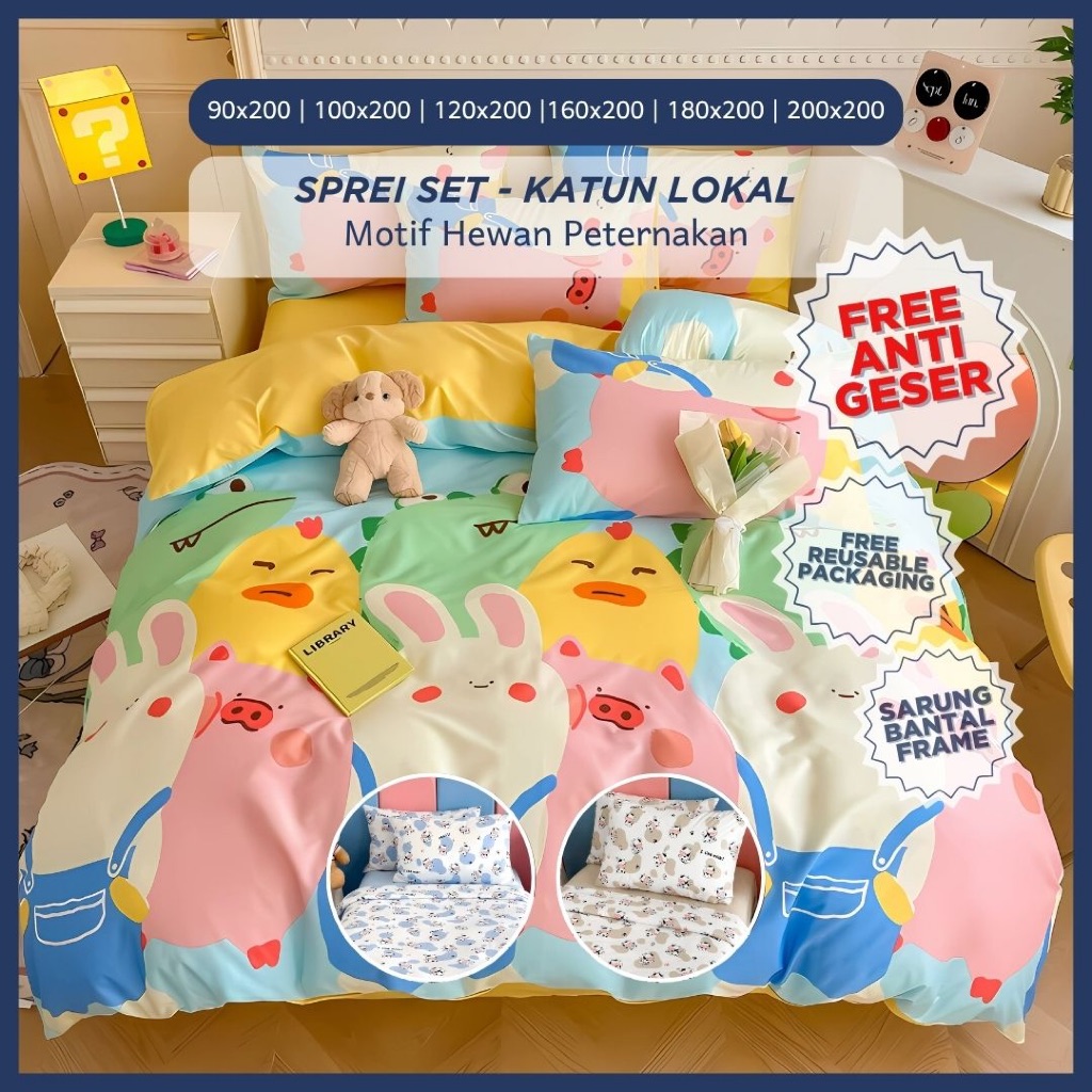 Sprei Set Anak Homemade Katun Lokal Premium Adem Anti Geser Motif Karakter Hewan Sapi Babi Lucu
