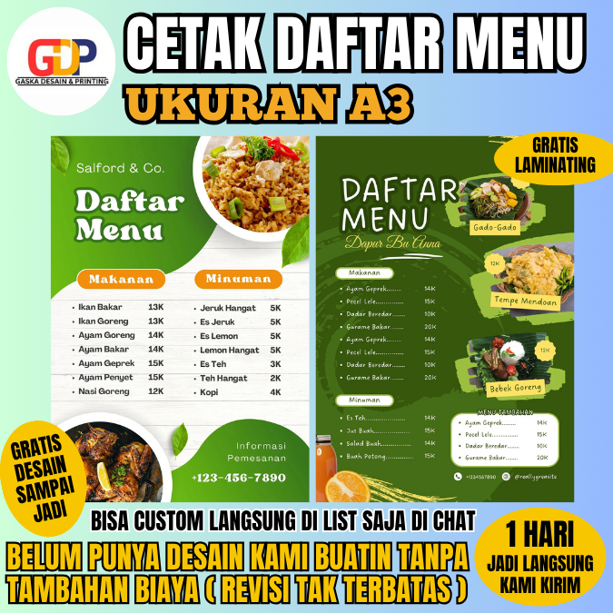 

Order Menu A3 Full Color isi 3 lembar – Gratis Laminating, Cocok untuk Cafe & Warung