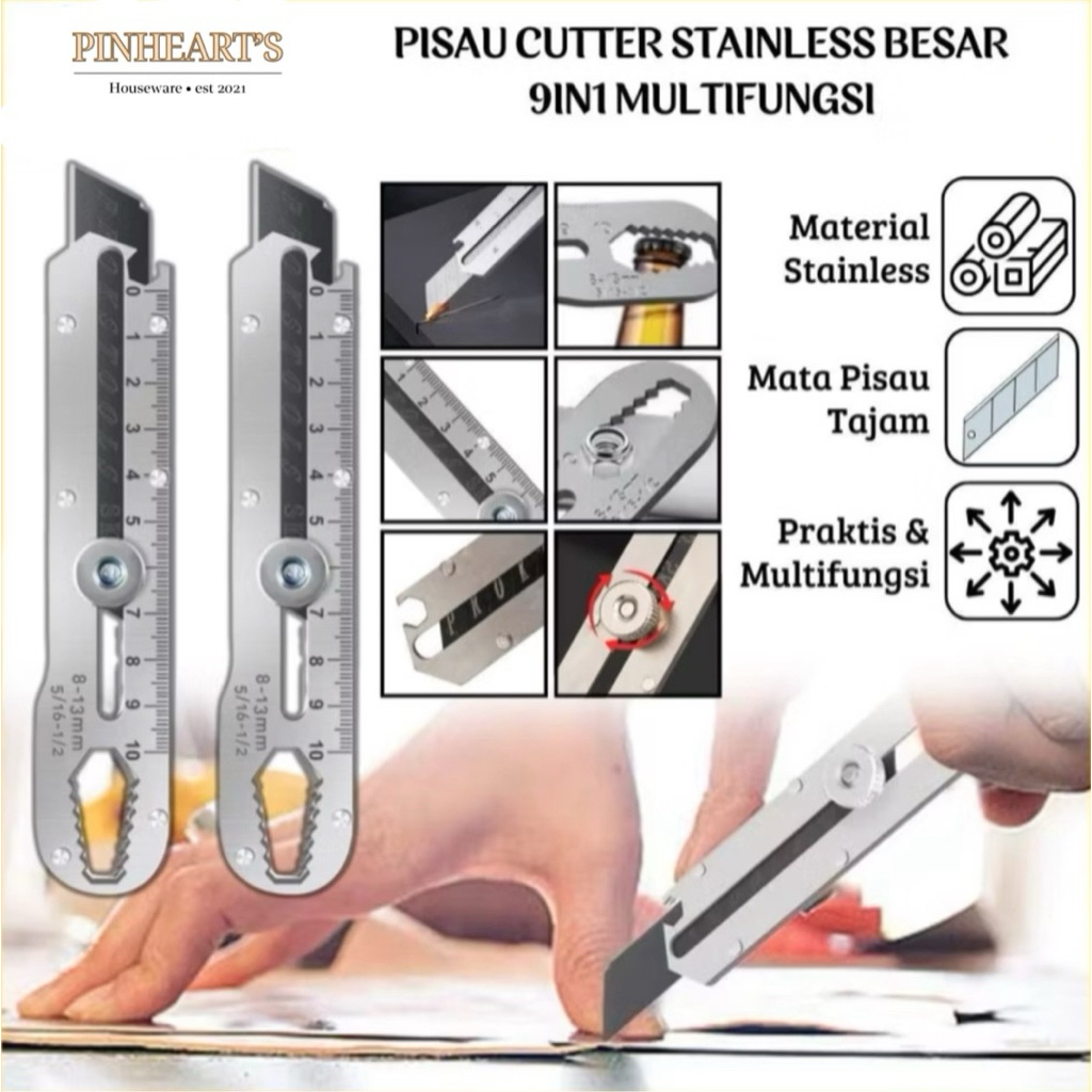 

PISAU CUTTER STAINLESS STEEL BESAR 9IN1 / SLIDING KNIFE CUTTING TOOL / ALAT PEMOTONG KERTAS 9IN1