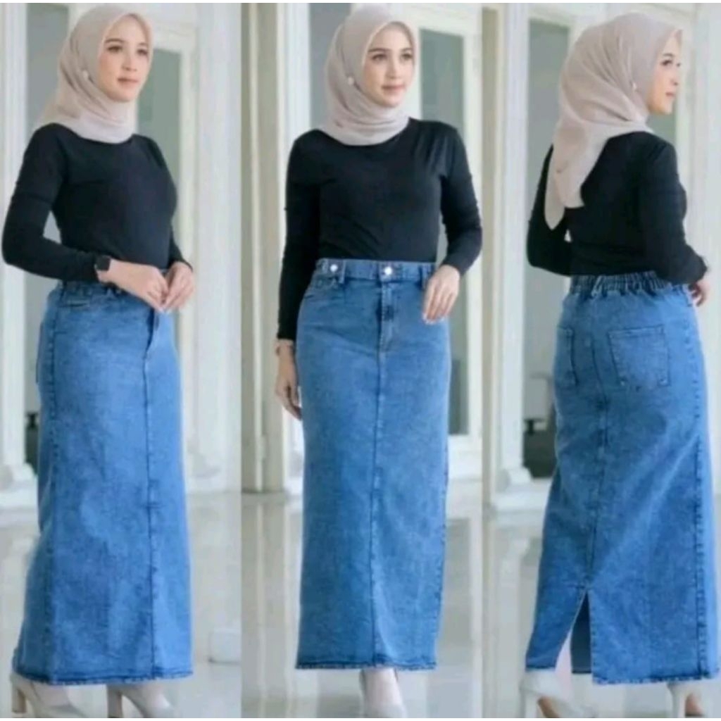 ROK JEANS SKRIT THEANA ROK JEANS PANJANG BELAKANG KARET