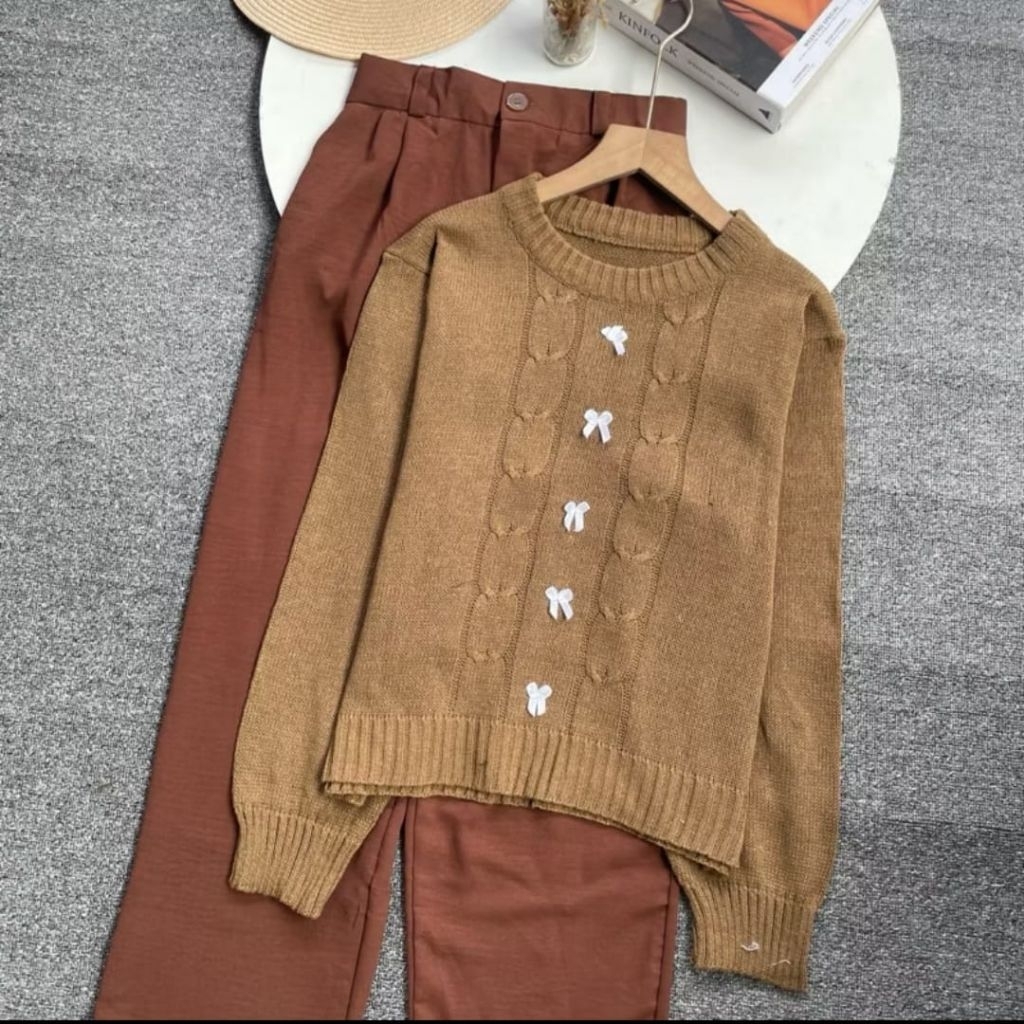 Lissa Motif Cable Sweater Rajut Wanita Crop Baju Rajut Atasan Wanita Korean Style