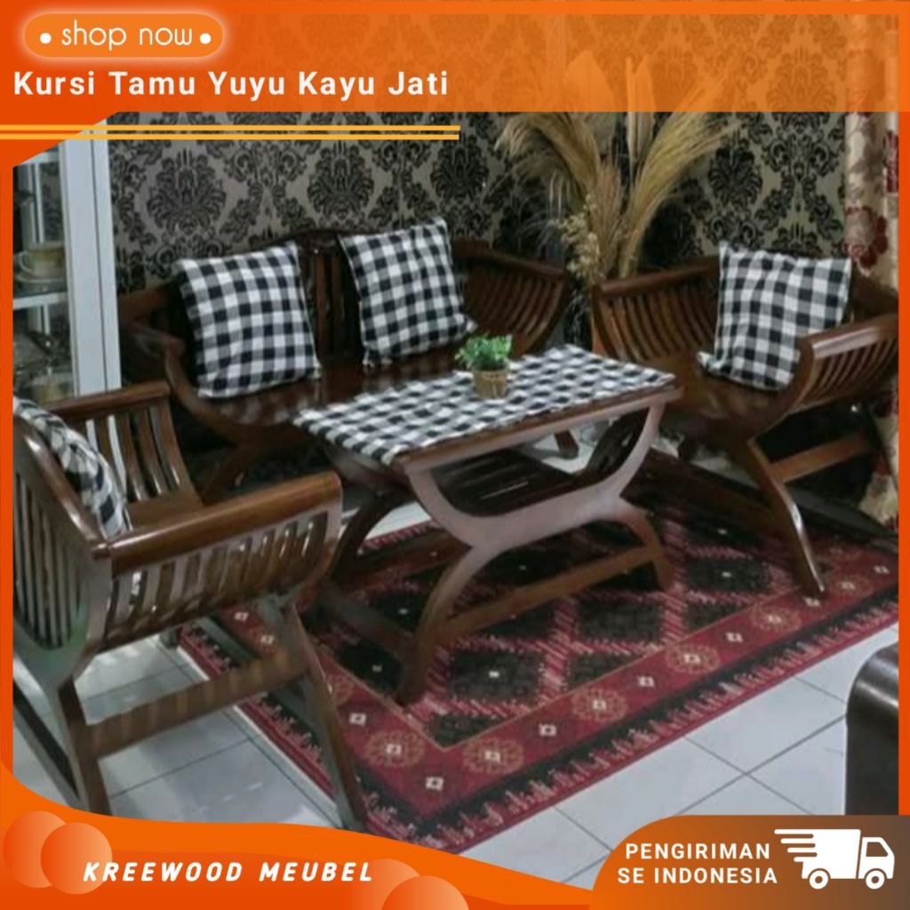 KURSI TAMU YUYU KAYU JATI 3 KURSI + MEJA / KURSI TAMU UNIK KAYU JATI