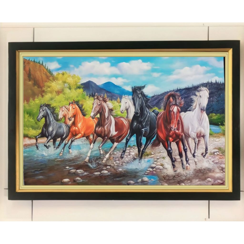 hiasan dinding lukisan cetak kuda 8 lari plus Bingkai ukuran 65×45