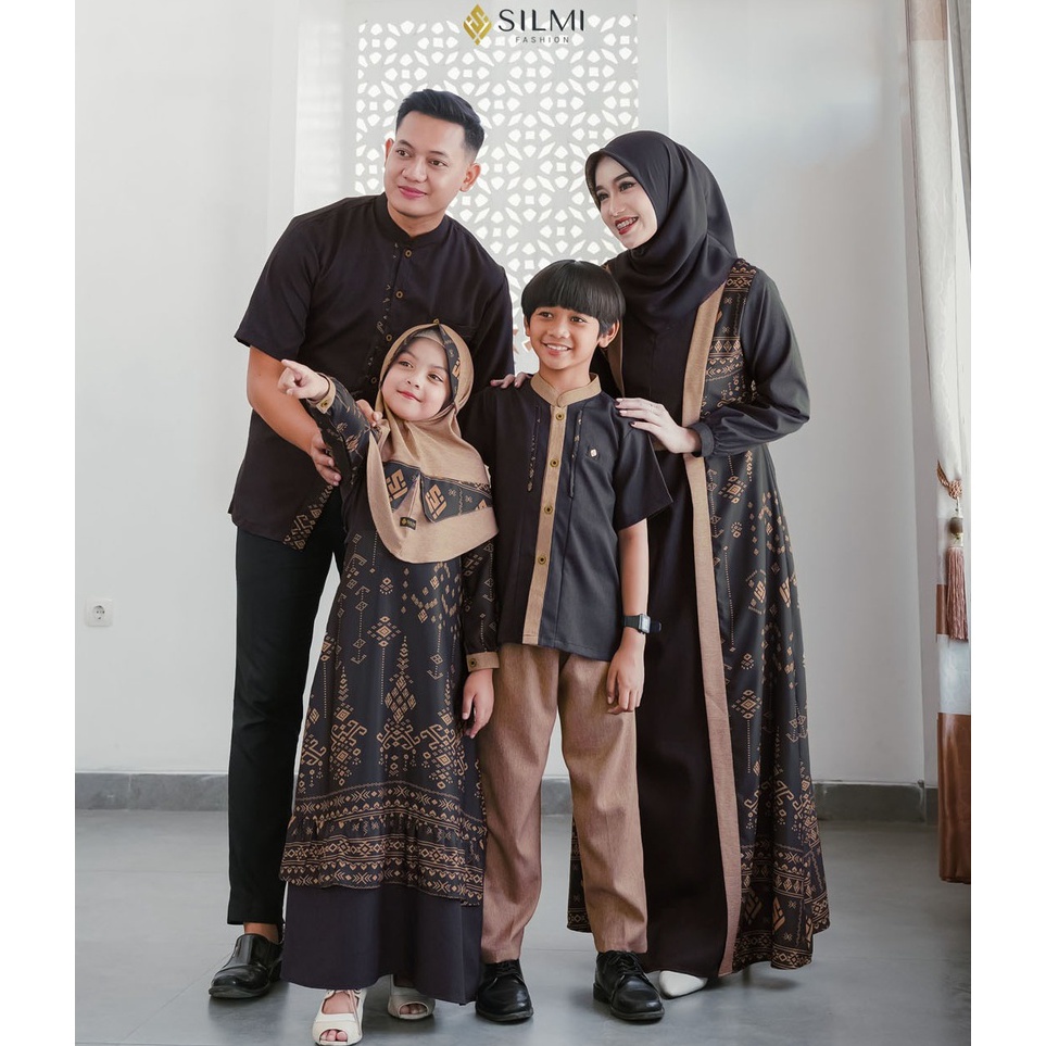 KODE R74F Baju Couple Pasangan Muslim Lebaran Gamis Keluarga Terbaru 225 Warna Hitam Silmi Family