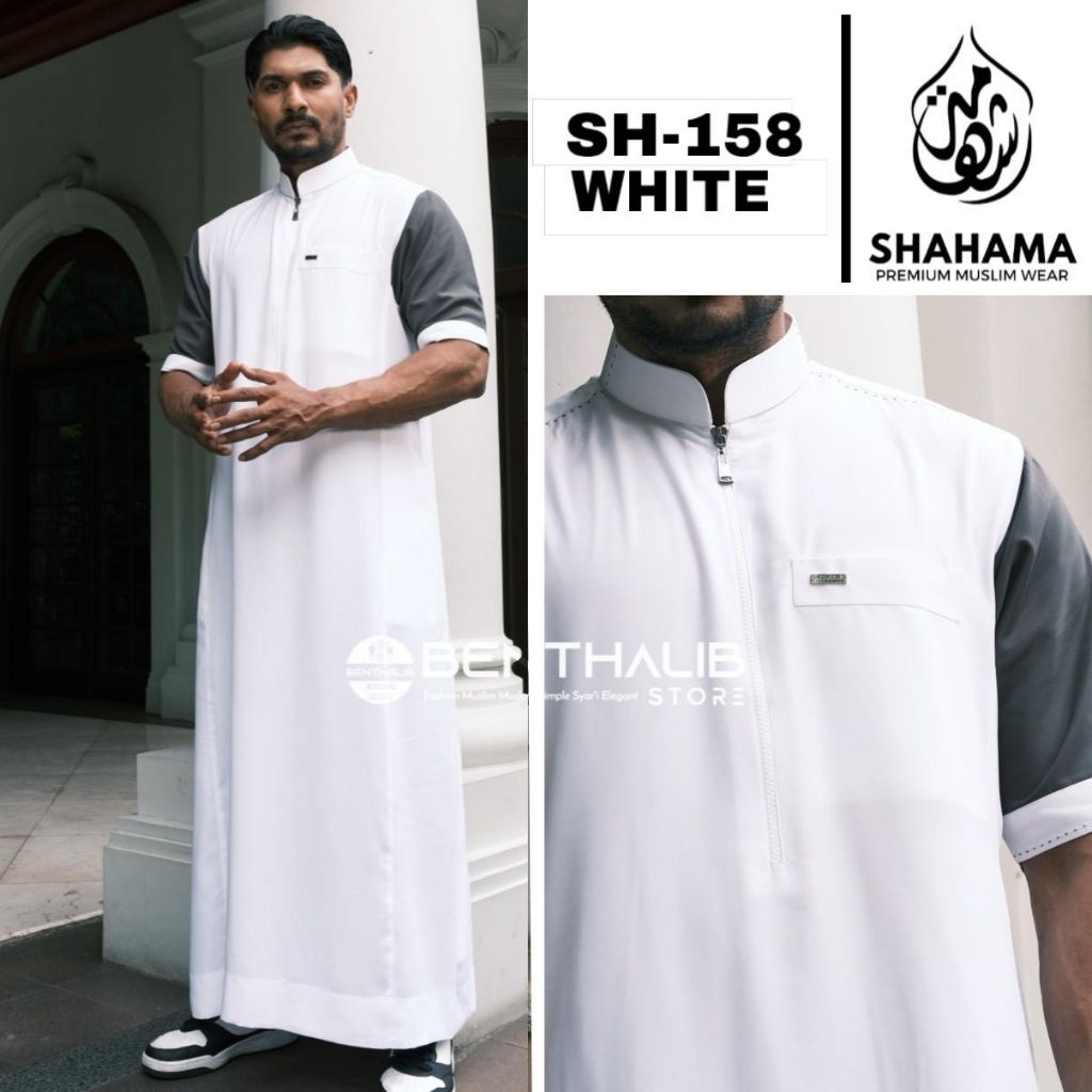 Thobe Shahama SH-158 Putih Exclusive Baju Gamis Jubah Pria Dewasa Lengan Pendek