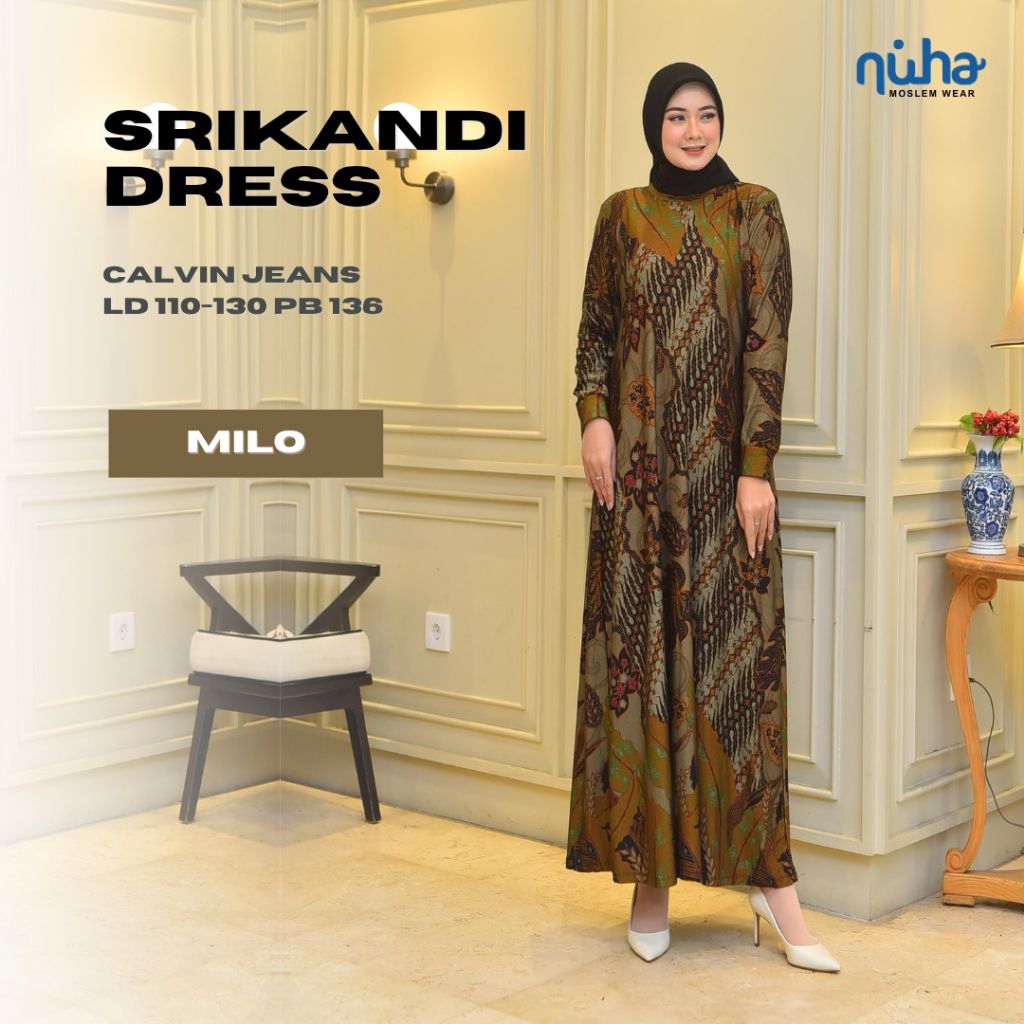 Srikandi Dress BY NUHA Gamis Batik Simple Terbaru Bahan Calvin Jeans Jumbo Ld 110 Melar 130 Pb 137