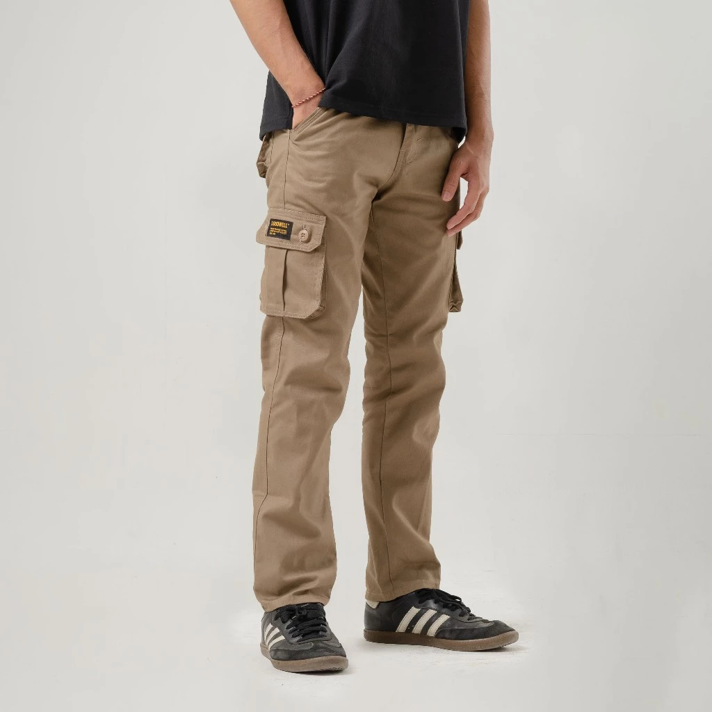 Polban Celana Cargo Pria Panjang Slim Straight Warna Mocca