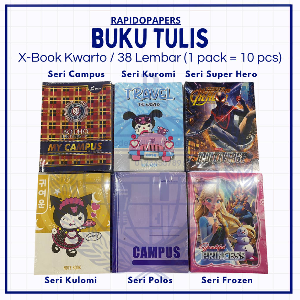 

Buku Tulis Kwarto X-BOOK / Kulomi / Super Hero / Campus Merah / Frozen [1 Pack isi 10 buku, 38 lembar] ATK / Buku Tulis Murah