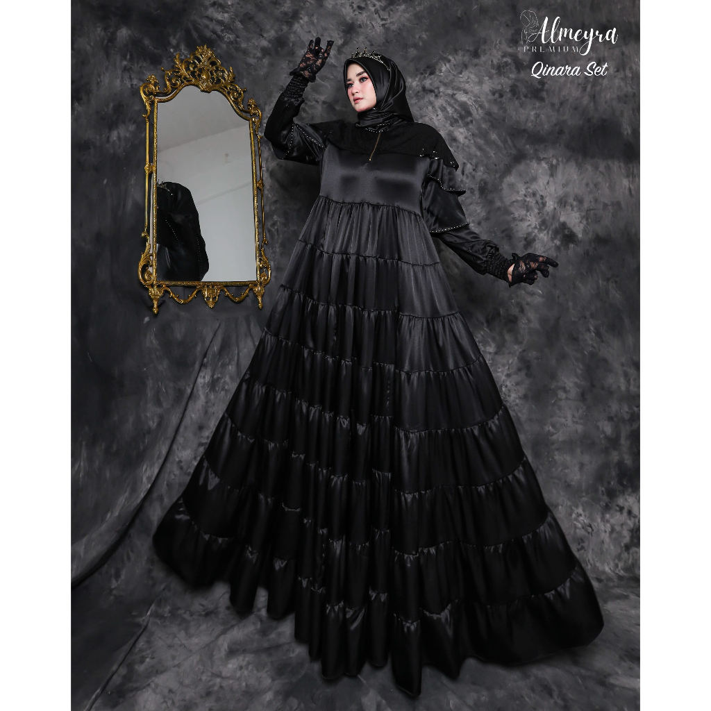 Gamis Susun Umpak Super Mayung Matt Armany Silk Kombinasi Squin Qinara Set Scraf by Almeyra Premium.