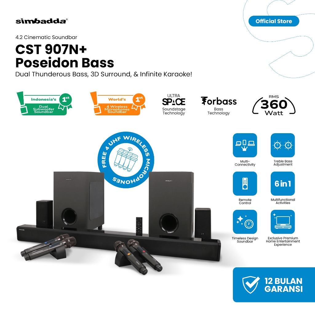 Speaker CST 907N+ Poseidon Bass - Home Theater Soundbar 360W with Karaoke, Dual Subwoofer & 4 Wirele