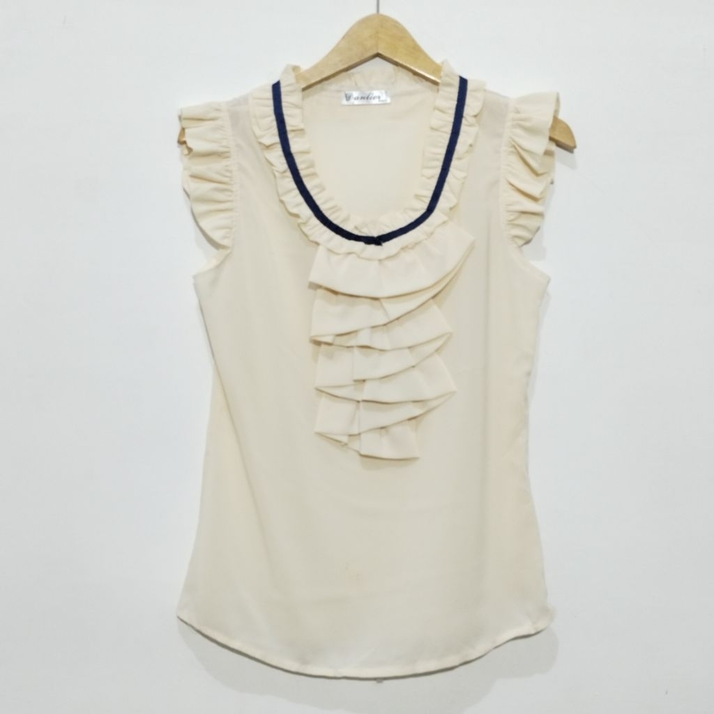 BLOUSE RUFFLES VICTORIAN PUTIH  TULANG KAWAII  SLEEVELESS IVORY VINTAGE SKU 636