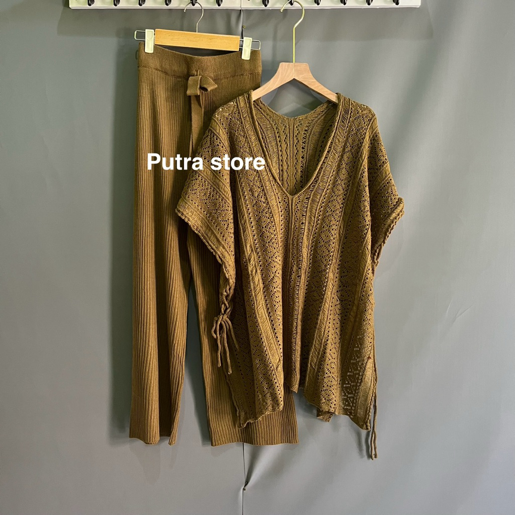 oneset setelan wanita moona vest jaring + kulot rajut premium setelan rajut