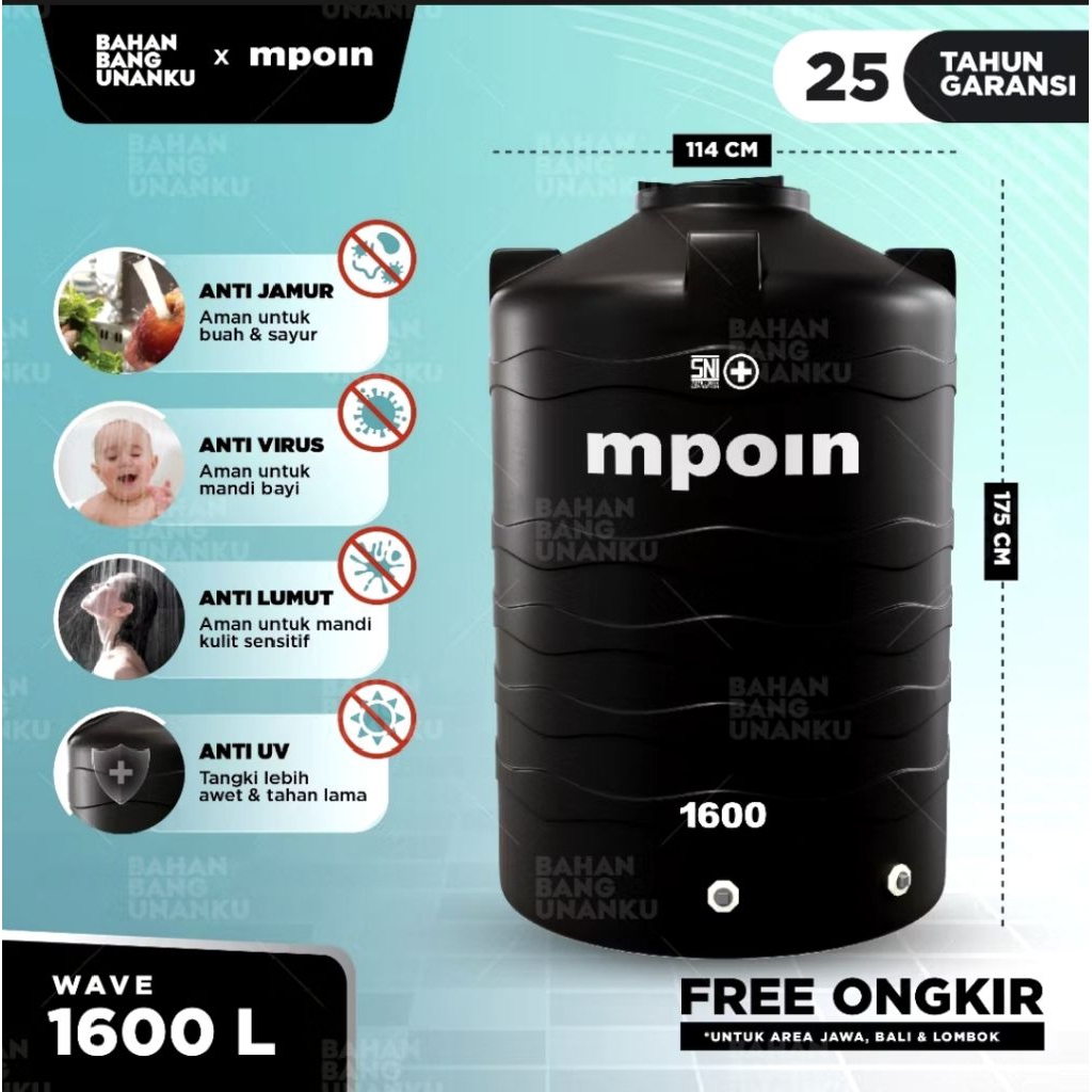 TANGKI AIR TANDON TOREN GARANSI 25TH ANTI JAMUR VIRUS LUMUT UV - MPOIN PLUS W1600