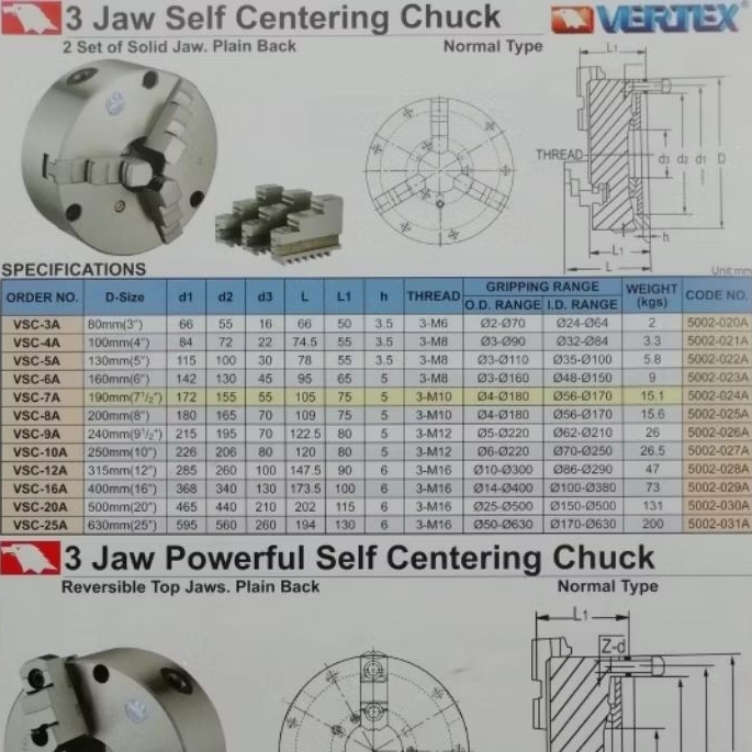 Vertex 3 jaw self centering chuck vsc-5A