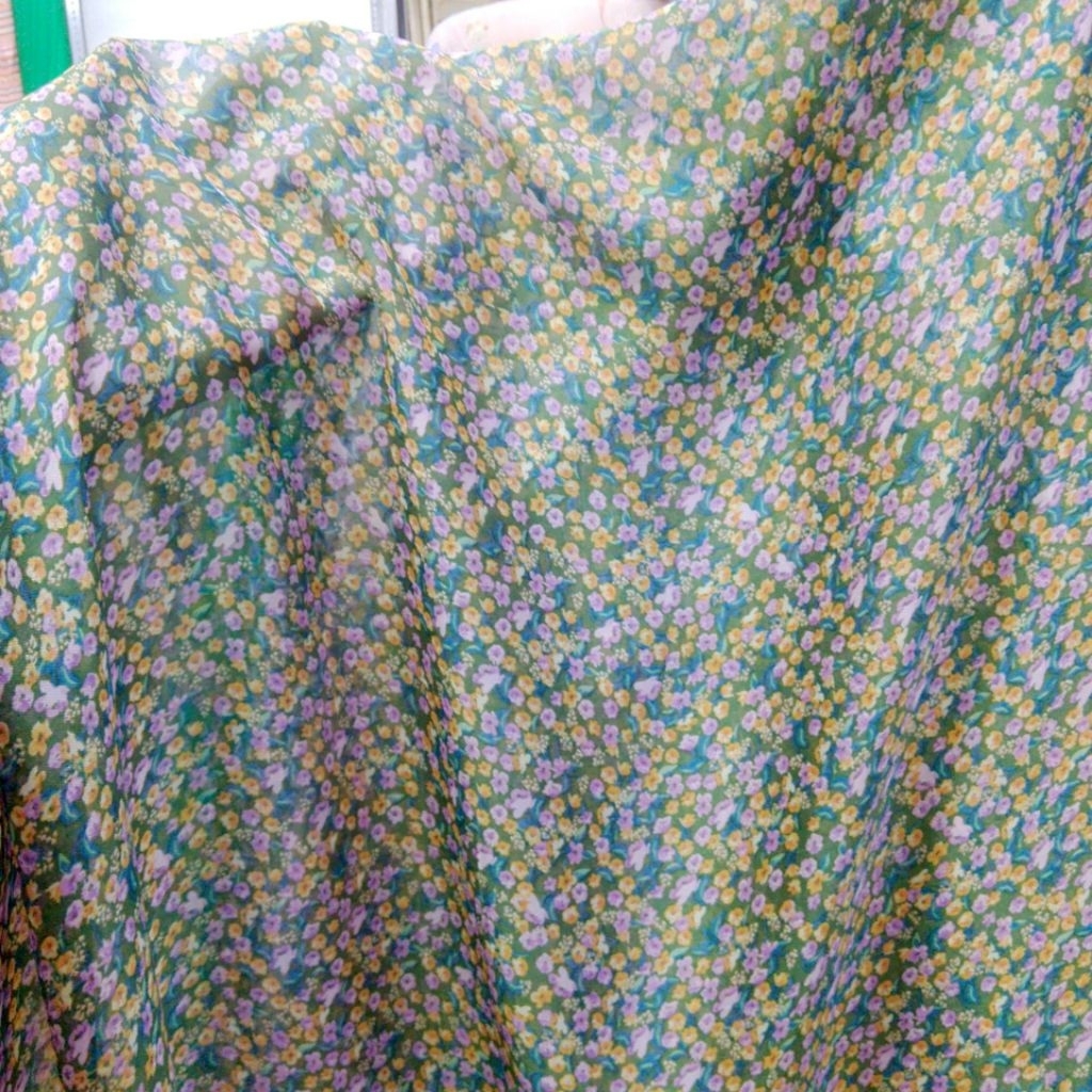 Kain Sifon Sutra Motif Bunga Mini Pastel Hijau – {LQ} - Kain Sifon Sutra Motif - Kain Chiffon Korea 