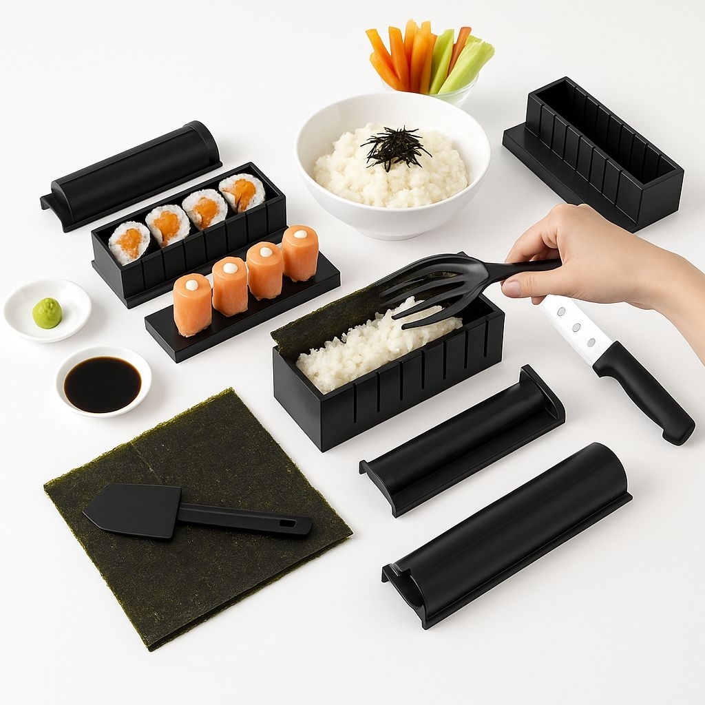 SUSHI MAKER PROFESSIONAL 10 SET / CETAKAN SUSHI LENGKAP Alat Bulat Hitam Plastik