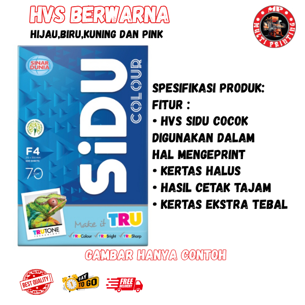 

HVS SIDU Warna A4 70 Gram 500Lembar Pink, Kuning, Hijau, Biru - Kertas Print Fotocopy Multi Printing