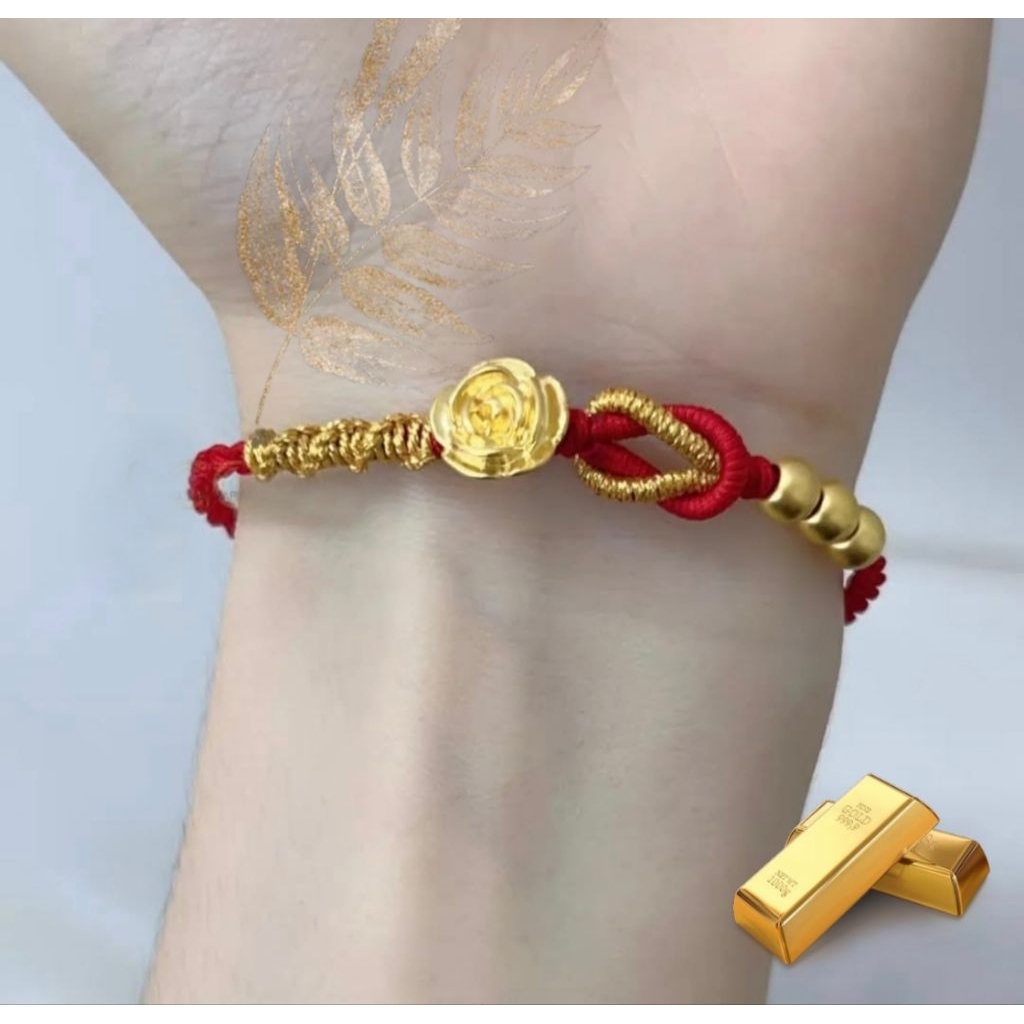 gelang tali merah keberuntungan bracelet charm / liontin bunga mawar dan bola mini emas HK hongkong 