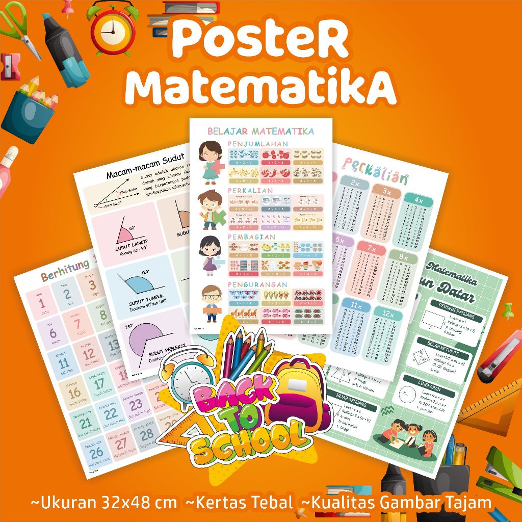 Poster MATEMATIKA - Poster edukasi matematika, penjumlahan, perkalian, pembagian, rumus matematika, 