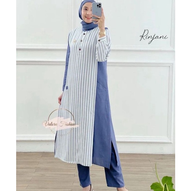 KODE D87N Rinjani Set Blue  Setelan Tunik Kekinian  Set Tunik  Celana  Long Tunik  Celana Semi Kulot