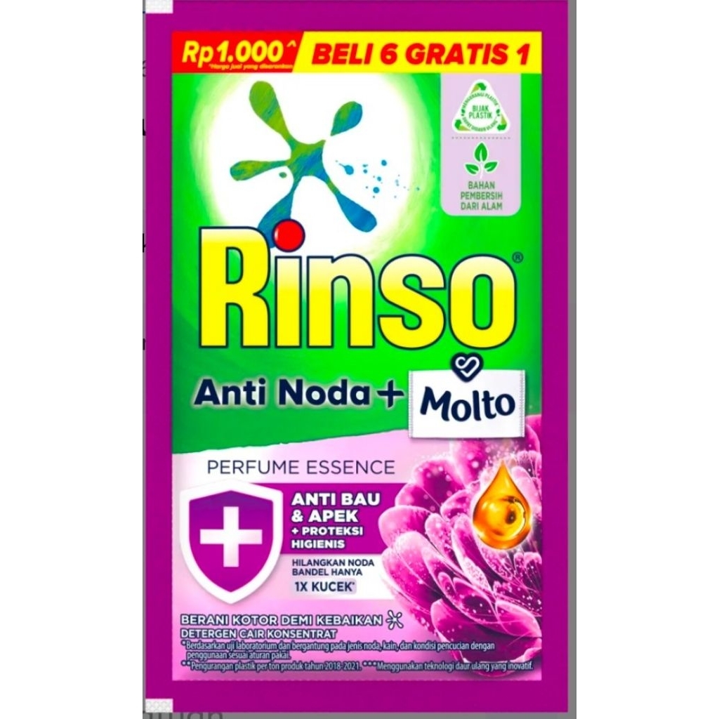Rinso Cair 40g Anti Noda + Molto (Perfume Essence) Ungu – 1 Renceng Isi 7 Sachet (Beli 6 Gratis 1)