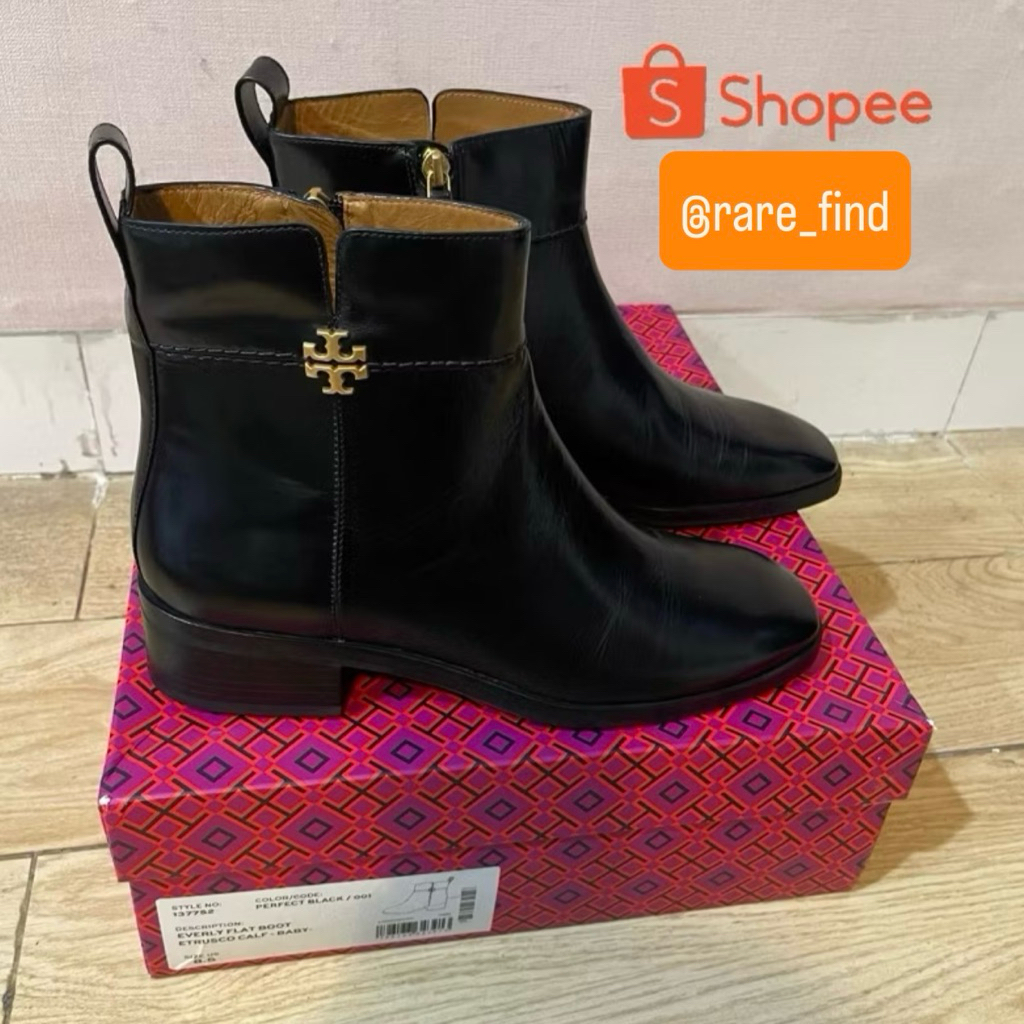 [NEW] Authentic Tory Burch EVERLY FLAT BOOT ETRUSCO CALF - BABY- Multilogo Pump TB Shoes Heels Black