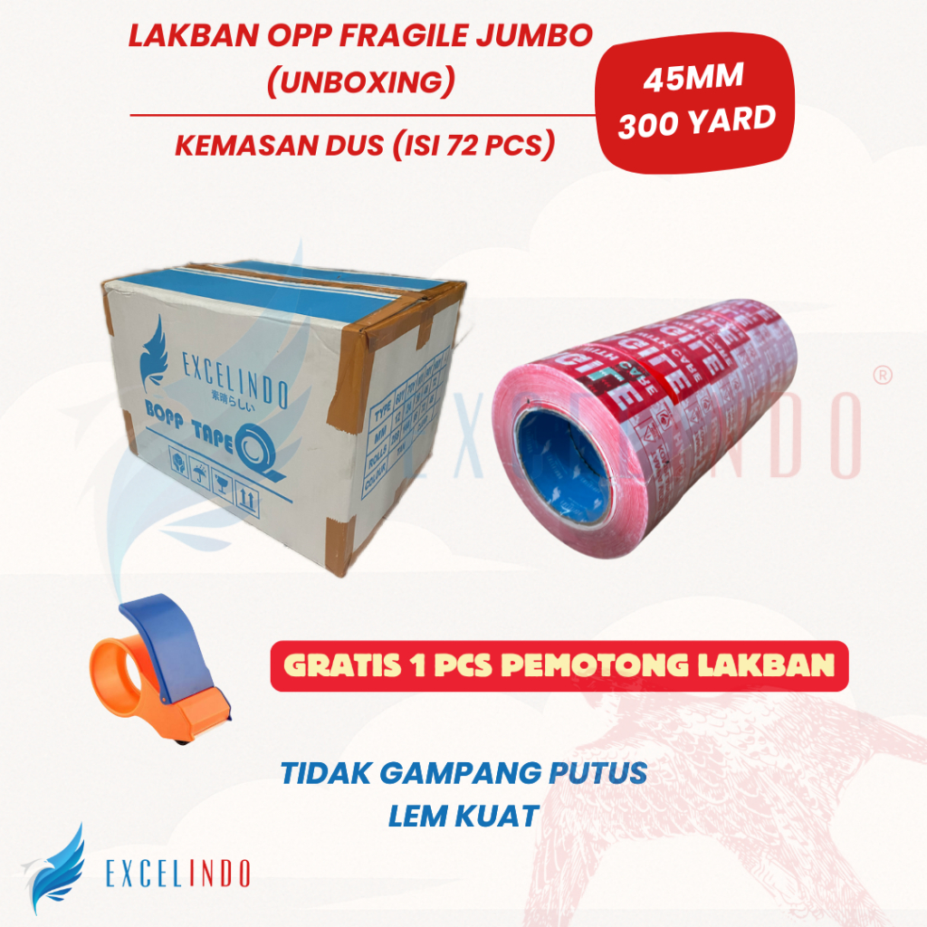

(1 DUS/ISI 36 PCS) Excelindo Lakban Jumbo FRAGILE UNBOXING 2 inch 45mm x 300 YARD REAL + FREE 1 PCS ALAT PEMOTONG LAKBAN PREMIUM QUALITY