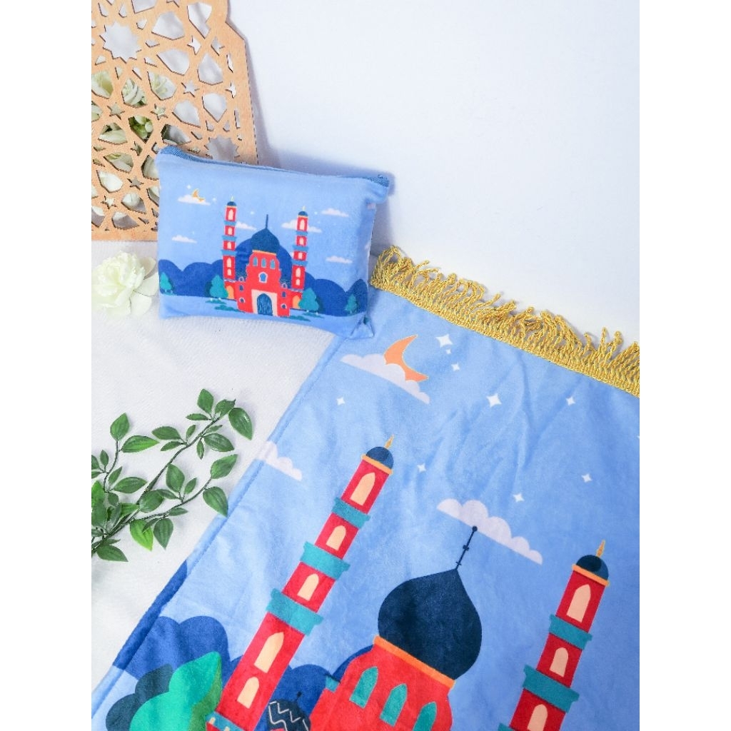 Sajadah Anak Custom Nama Mazzah Anti Slip Lengkap dengan Tas Bulu Lembut