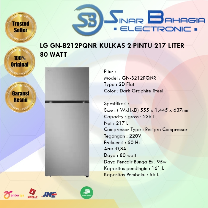 LG GN-B212PQNR KULKAS 2 PINTU  217 LITER 80 WATT (NEW) (KHUSUS BANDUNG)