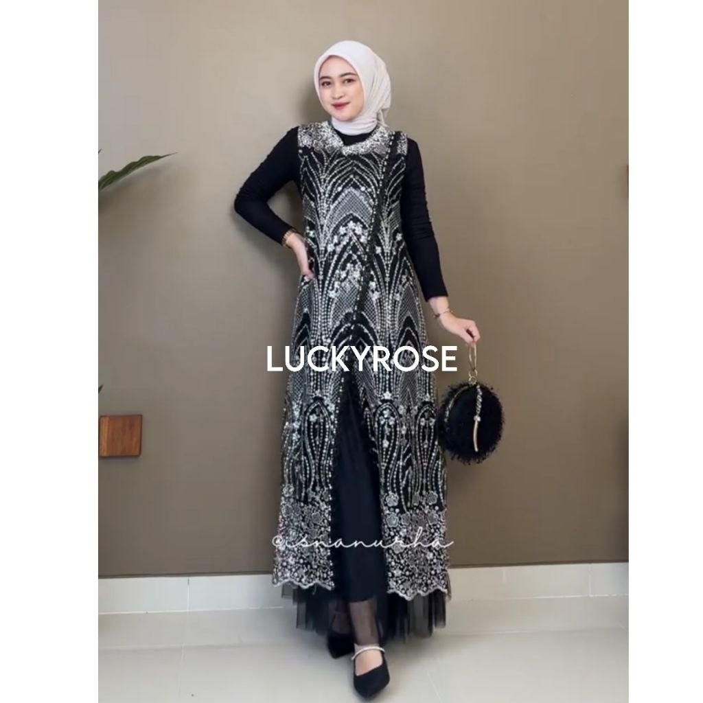 Kaora Outer Tille Payet Brukat Lengan Kutung Outer Tanpa Lengan Cardigan Brokat Payet Mutiara Outer