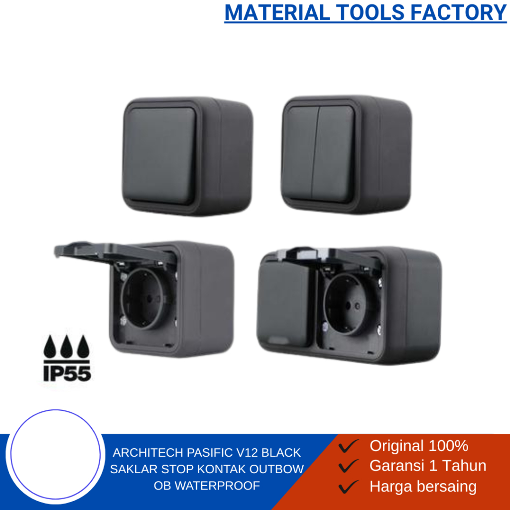 Stop Kontak -Saklar Lampu - Saklar ARCHITECH - ARCHITECH PASIFIC V12 BLACK WATERPROOF