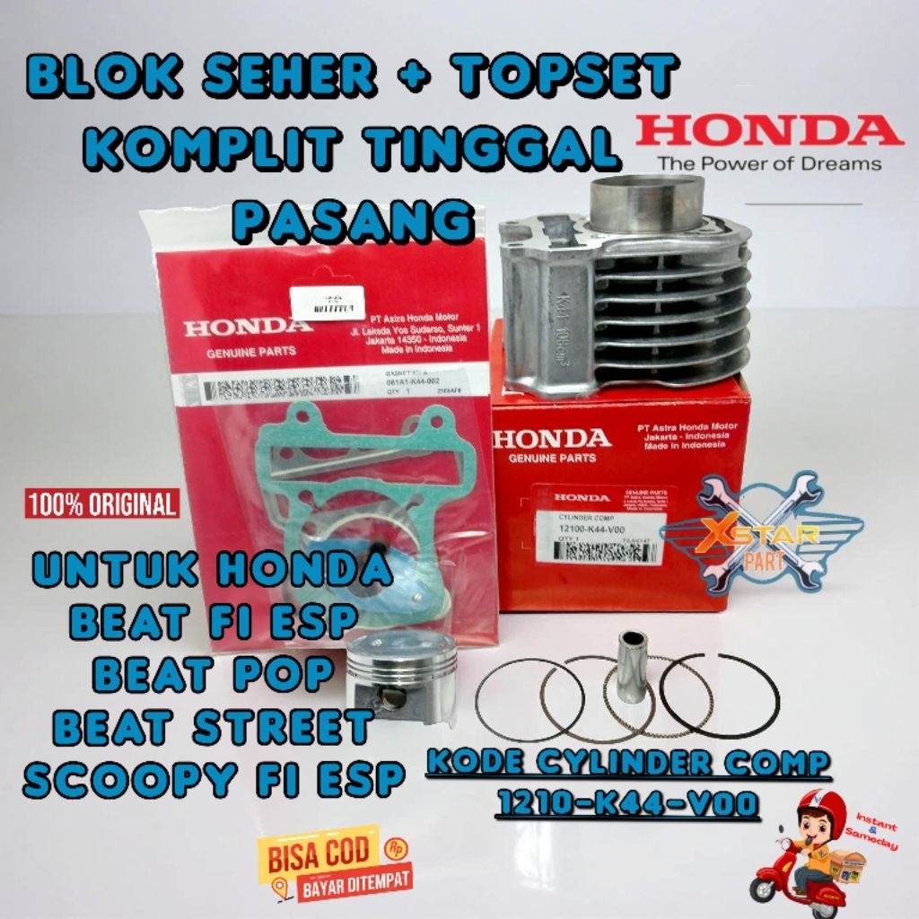ORI BLOK SEHER CYLINDER + TOP SET (1210-K44-V00) KOMPLIT TINGGAL PASANG HONDA ORI AHM BEAT FI BEAT