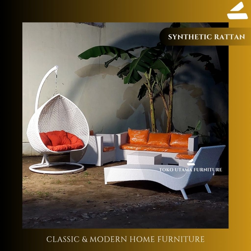 BUNDLING PRODUK AYUNAN GANTUNG JUMBO + SOFA 31 SEAT PUK DAN KURSI PANTAI LOUNGER ROTAN SINTETIS