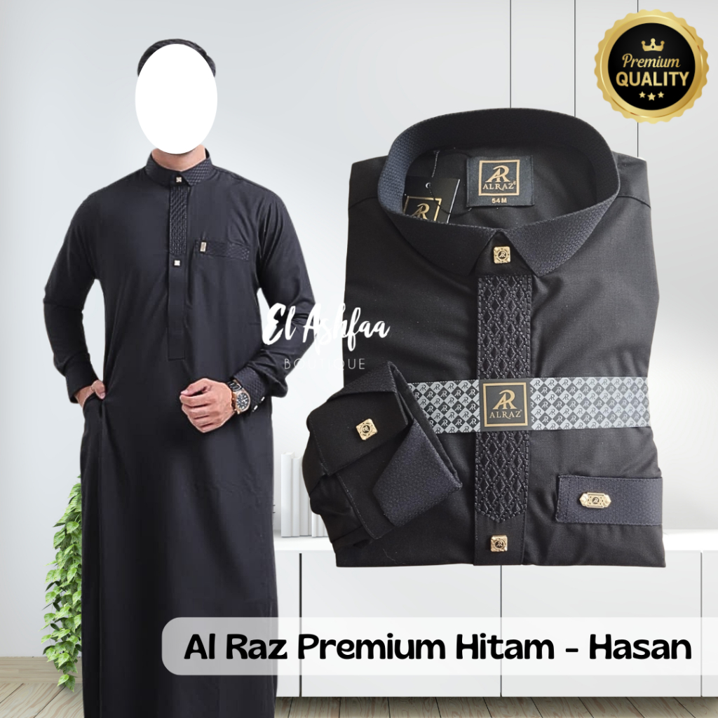 Jubah Saudi | Gamis Pria | Al Raz Premium Hitam Hasan - El Ashfaa Boutique