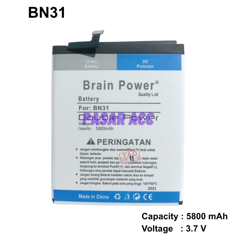 Baterai Suport Mi A1 - BN31 - Mi 5X - Redmi Note 5A - Redmi S2 - Not 5A Prime Double Ic Brain Power